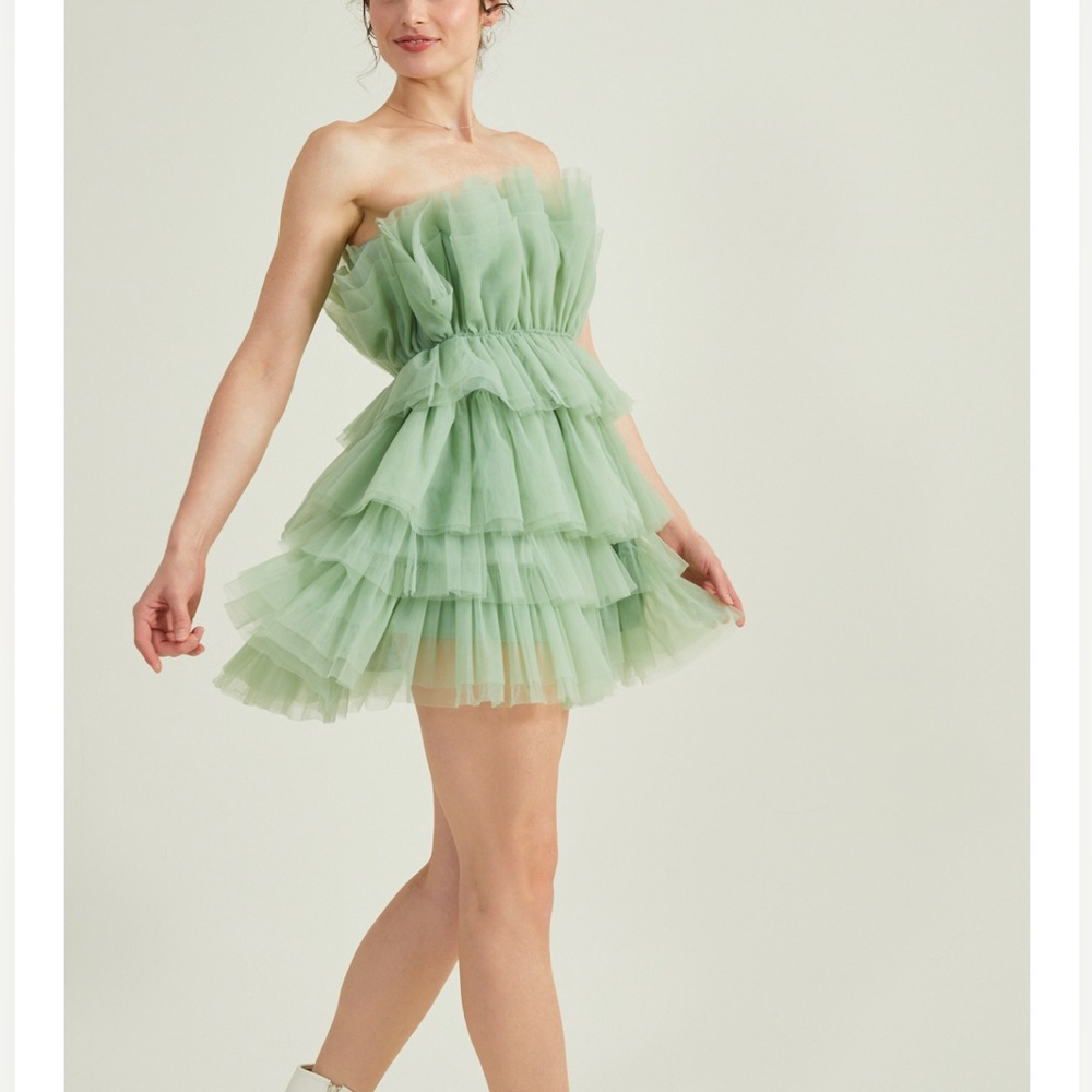 Green tulle ruffle dress